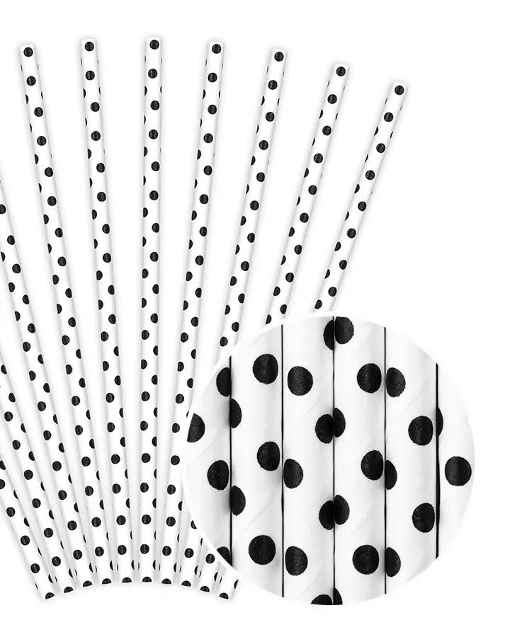 Bílé papírové brčka 19,5 cm, 10 ks, černé tečky