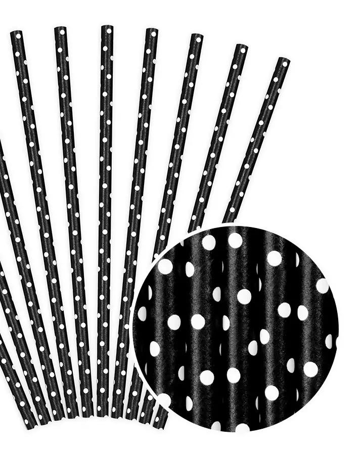 Černé papírové brčka 19,5 cm, 10 ks, bílé tečky