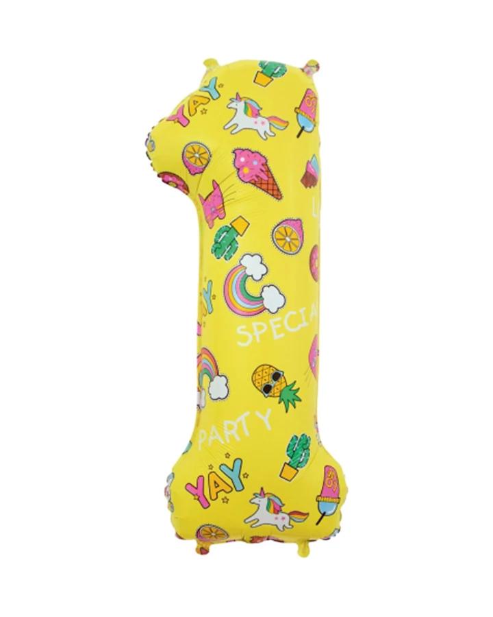 Fóliový balón číslo 1, žlutý dětský motiv, 78 cm