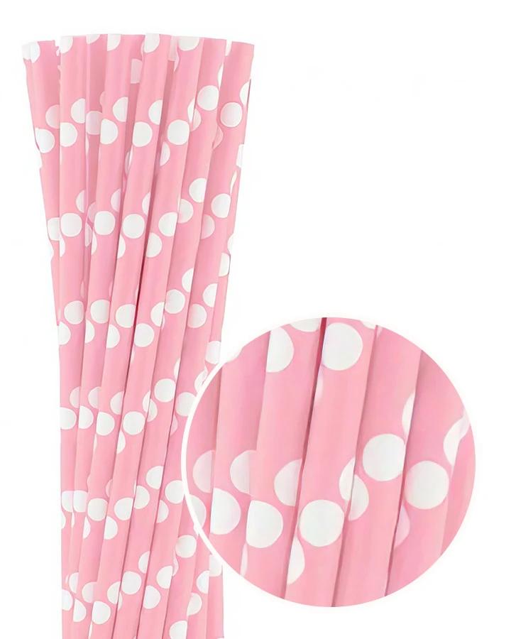 Světle růžové papírové brčka 20 cm, 24 ks, tečkované