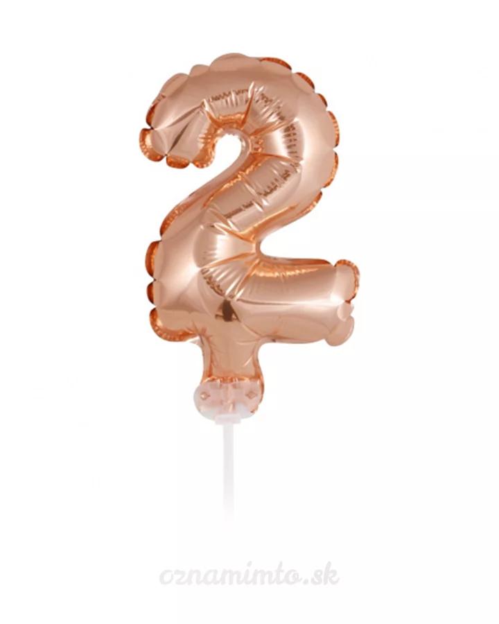 Balón číslo 2 zápich na dort - růžově zlatý balón s hůlkou, 13 cm