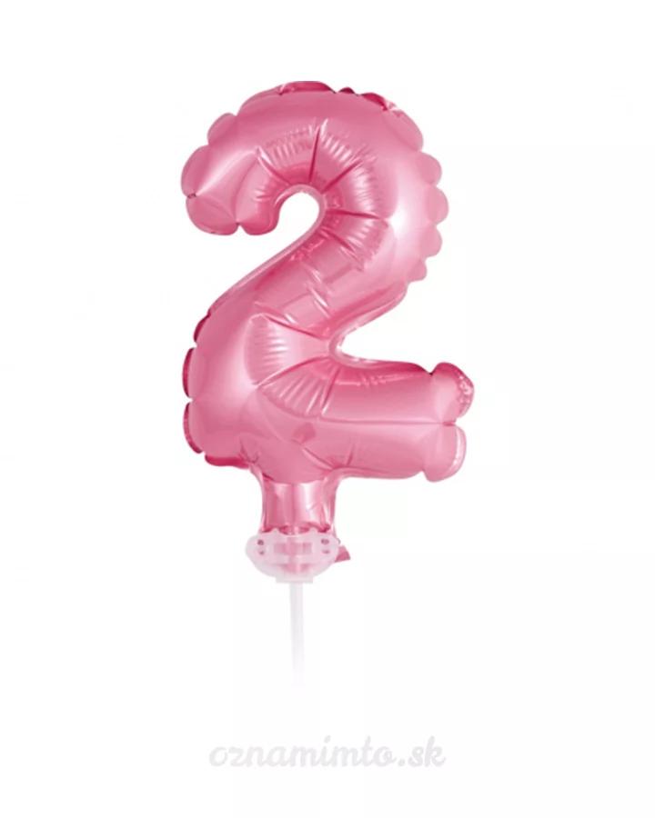 Balón číslo 2 zápich na dort - světle růžový balón s hůlkou, 13 cm