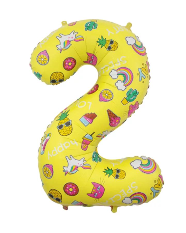 Fóliový balón číslo 2, žlutý dětský motiv, 78 cm