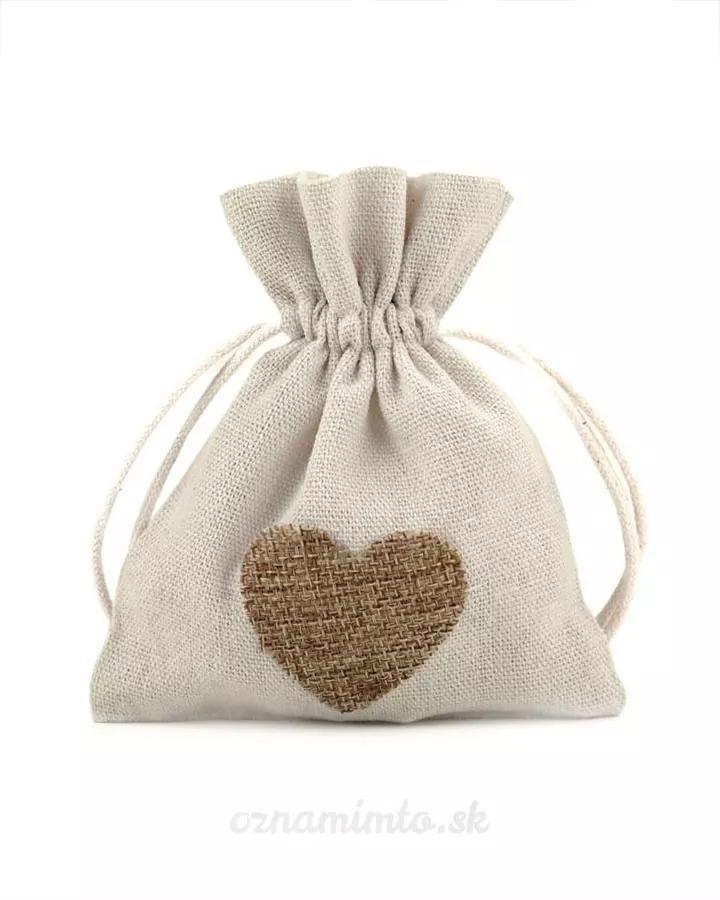 Bavlněný dárkový sáček s jutovým srdcem 11x13 cm