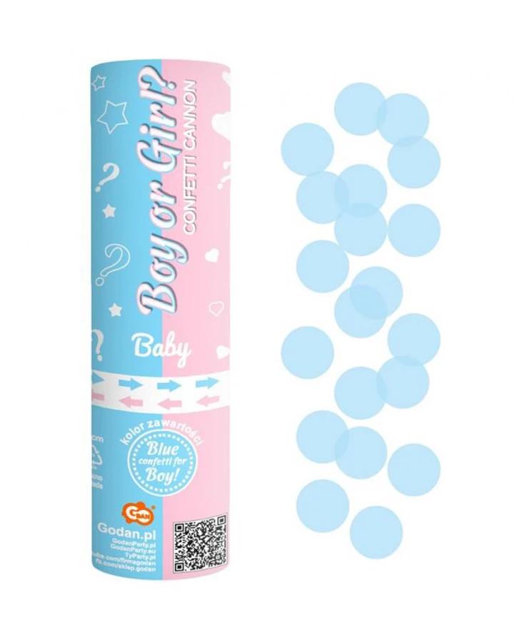 Vystřelovací konfety na odhalení pohlaví, chlapec, modrá barva, v 15 cm