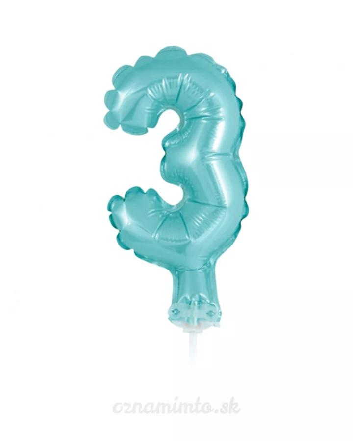 Balón číslo 3 zápich na dort - světle modrý balón s hůlkou, 13 cm