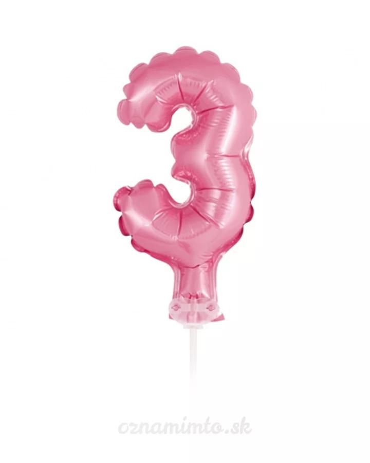Balón číslo 3 zápich na dort - světle růžový balón s hůlkou, 13 cm