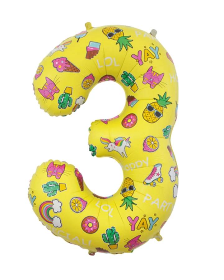 Fóliový balón číslo 3, žlutý dětský motiv, 78 cm