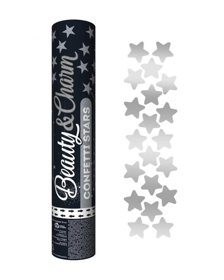 Vystřelovací konfety, stříbrné hvězdičky (průměr 3 cm), v 30 cm