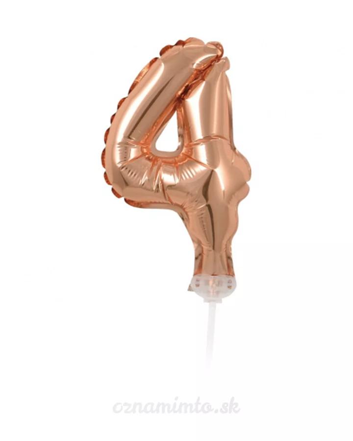 Balón číslo 4 zápich na dort - růžově zlatý balón s hůlkou, 13 cm