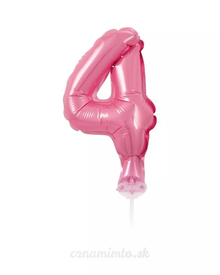 Balón číslo 4 zápich na dort - světle růžový balón s hůlkou, 13 cm