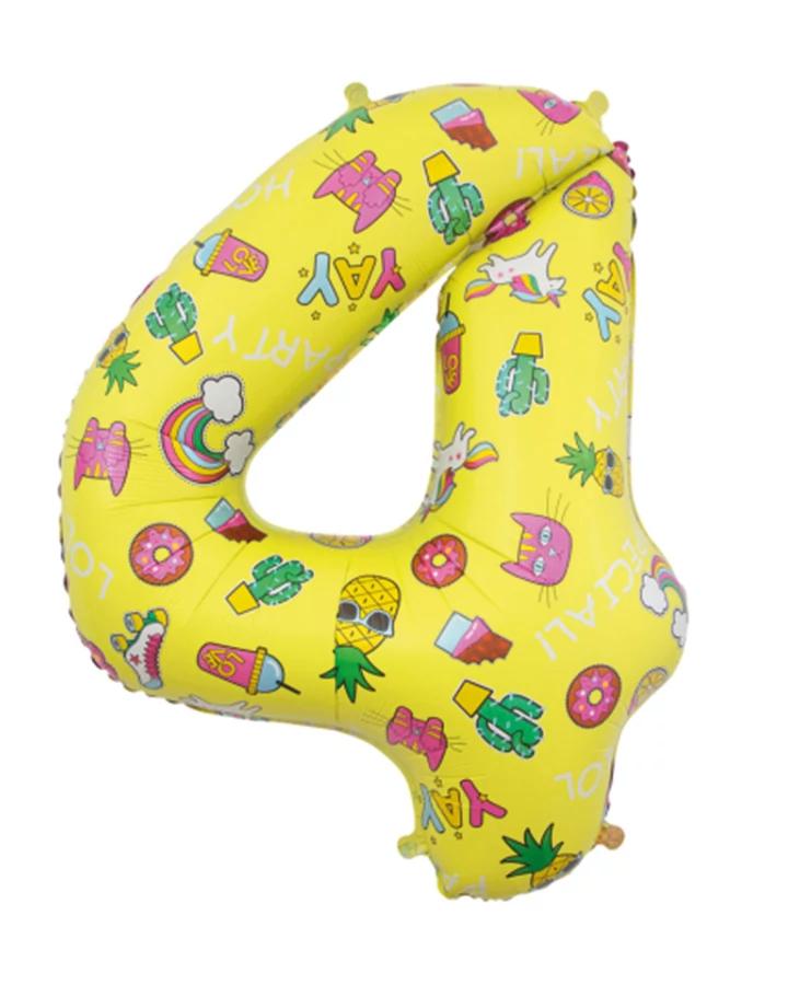 Fóliový balón číslo 4, žlutý dětský motiv, 78 cm