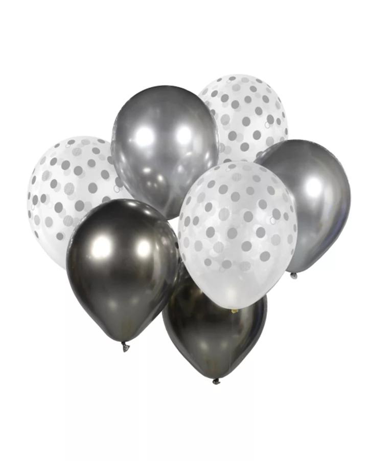 Párty balóny stříbrno bílé s tečkami, sada 7ks, 30cm