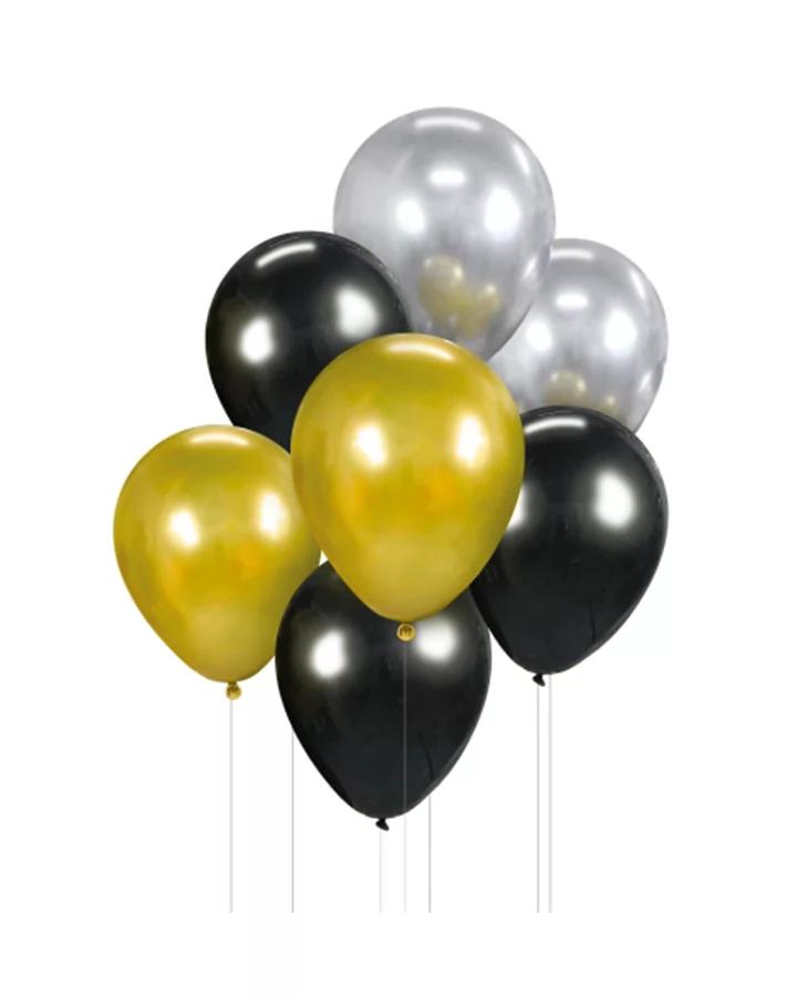 Párty balóny zlato černo stříbrné, sada 7ks, 30cm