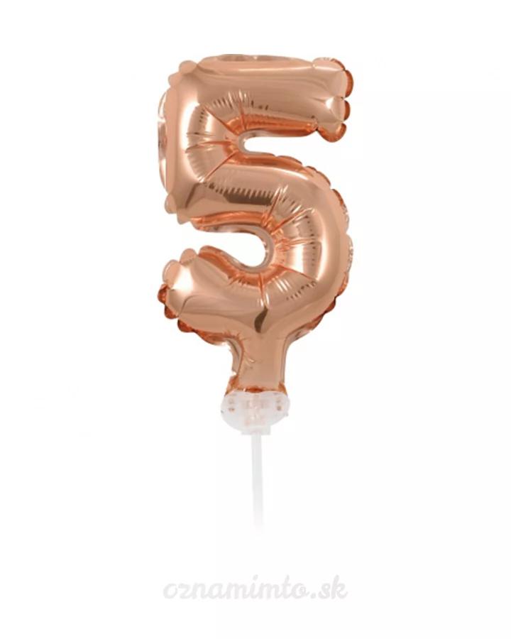 Balón číslo 5 zápich na dort - růžově zlatý balón s hůlkou, 13 cm