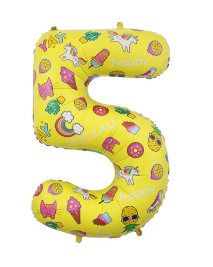 Fóliový balón číslo 5, žlutý dětský motiv, 78 cm