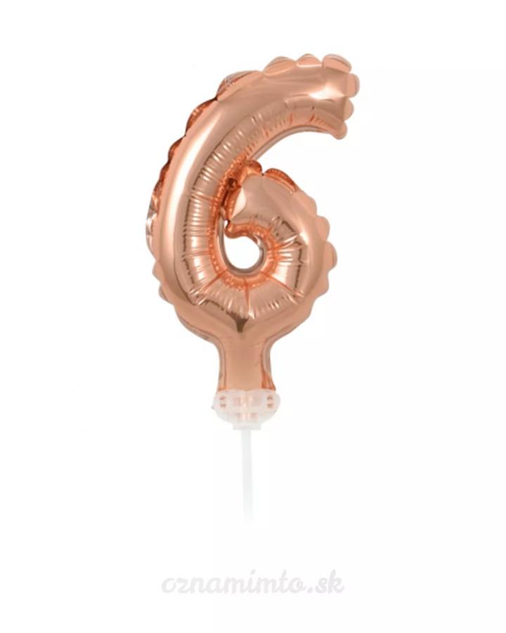 Balón číslo 6 zápich na dort - růžově zlatý balón s hůlkou, 13 cm