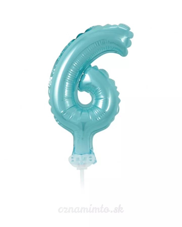 Balón číslo 6 zápich na dort - světle modrý balón s hůlkou, 13 cm