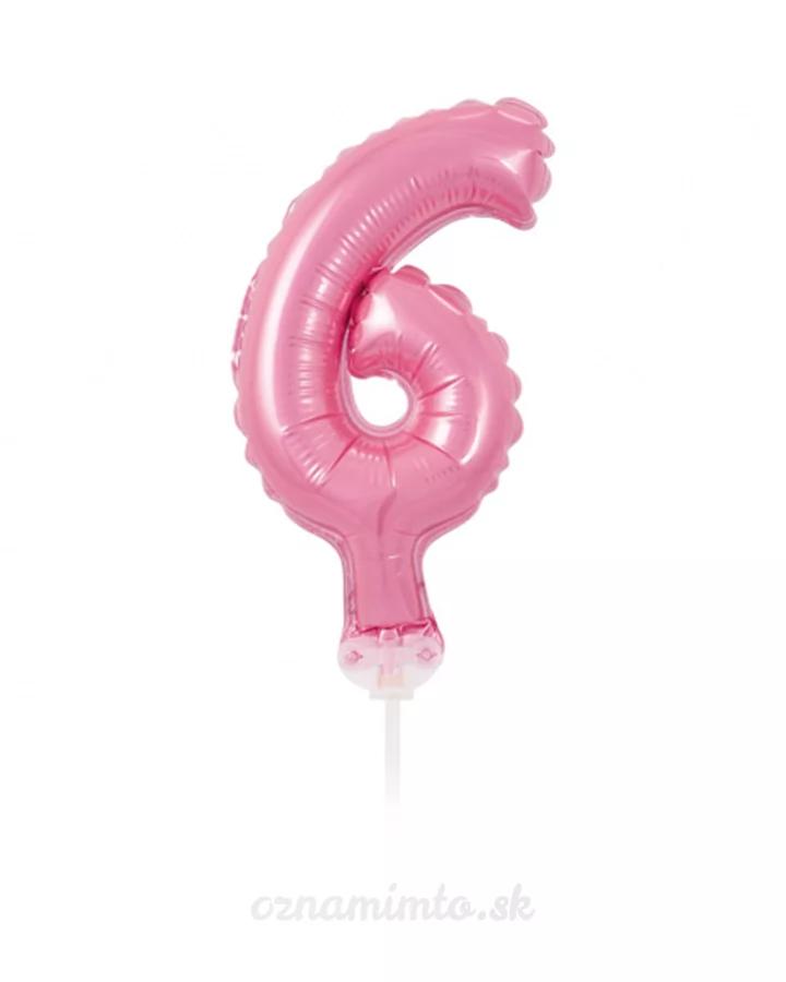 Balón číslo 6 zápich na dort - světle růžový balón s hůlkou, 13 cm