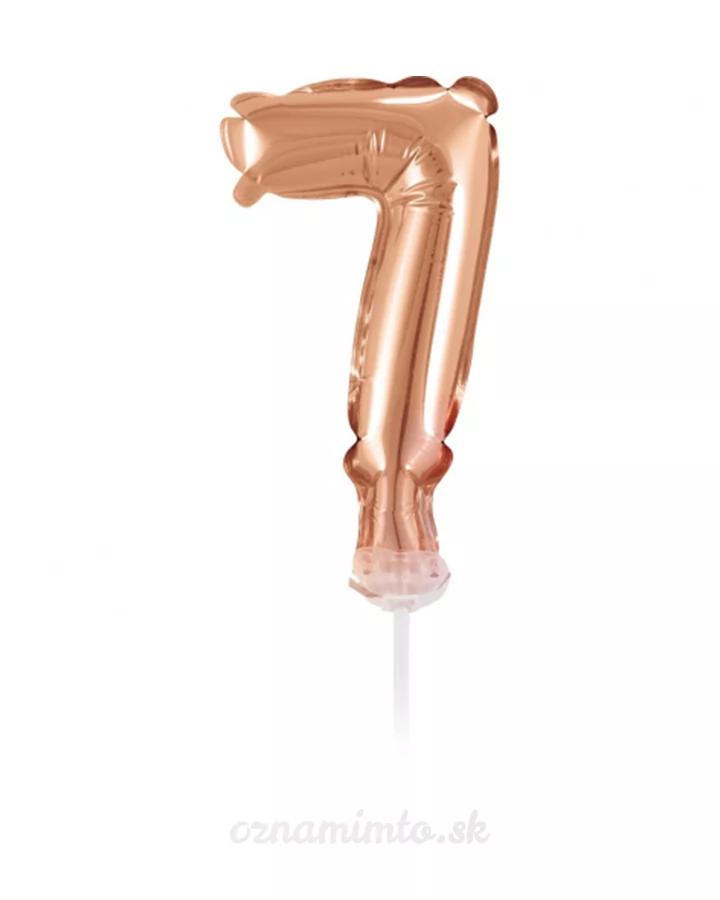 Balón číslo 7 zápich na dort - růžově zlatý balón s hůlkou, 13 cm