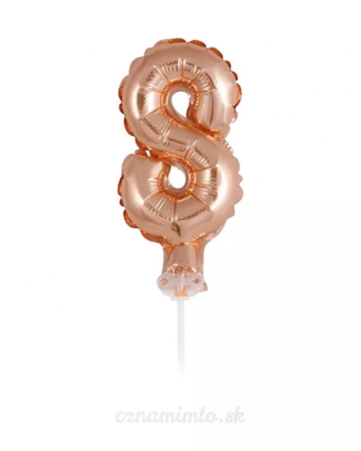 Balón číslo 8 zápich na dort - růžově zlatý balón s hůlkou, 13 cm