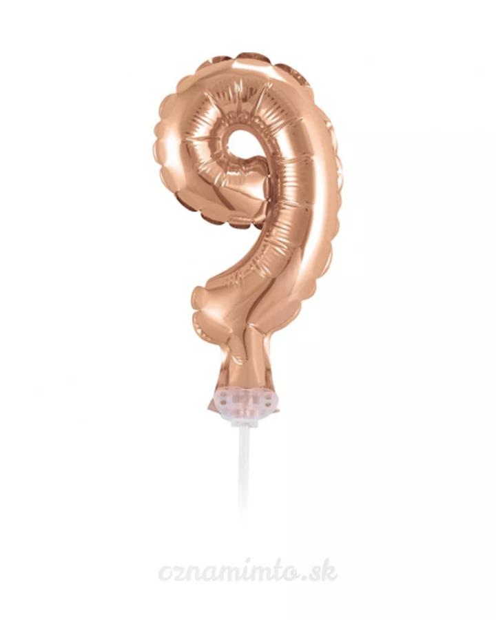 Balón číslo 9 zápich na dort - růžově zlatý balón s hůlkou, 13 cm