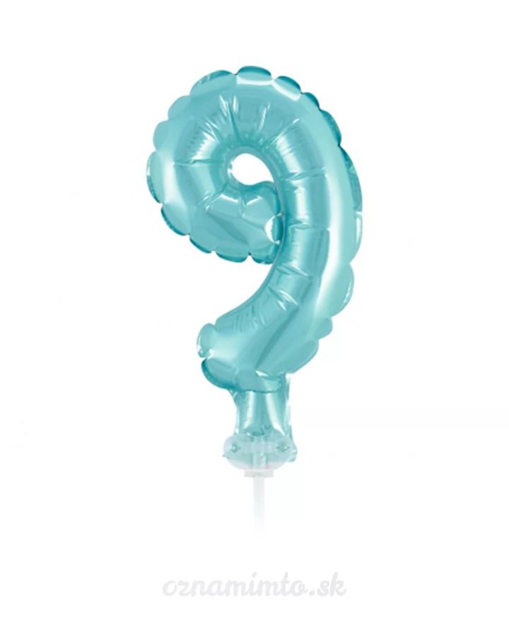 Balón číslo 9 zápich na dort - světle modrý balón s hůlkou, 13 cm