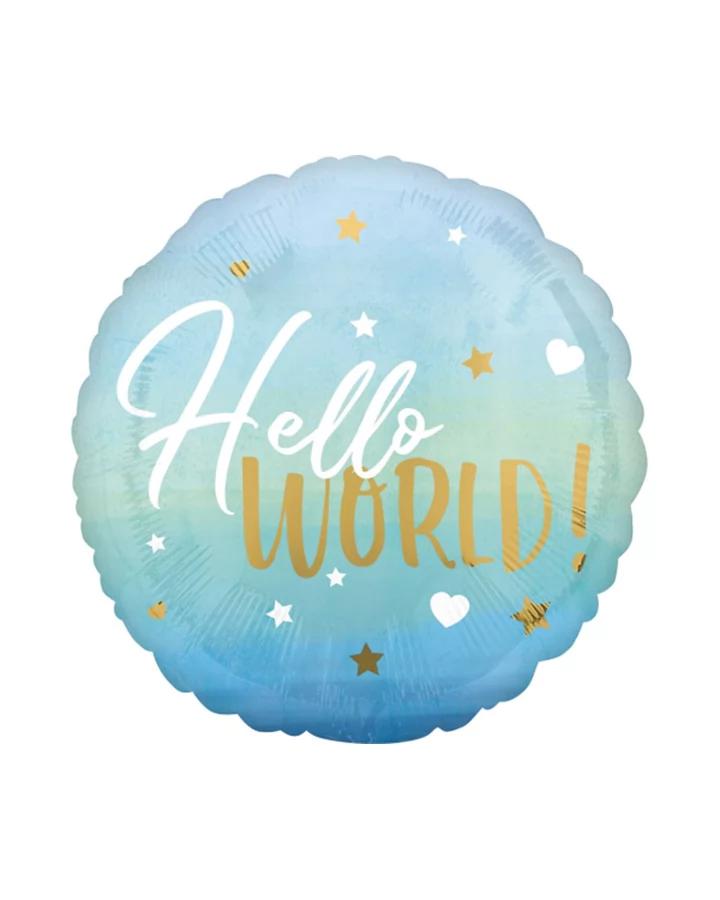 Fóliový balón Hello WORLD modrý, průměr 45cm