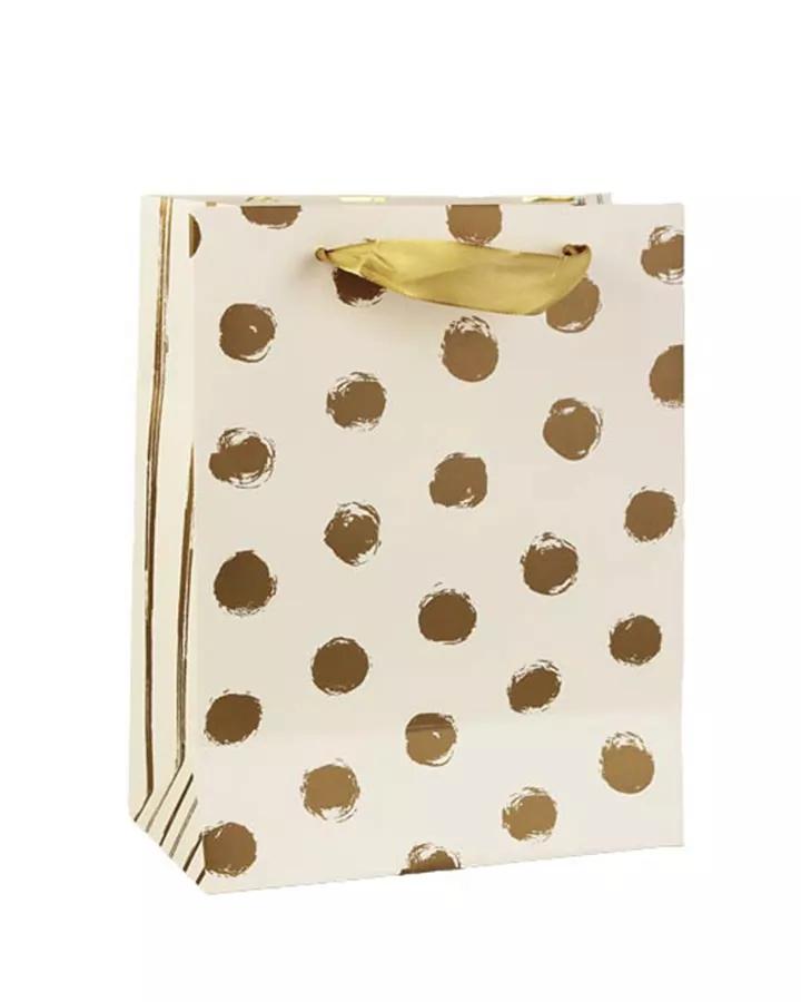 Luxusní papírová dárková taška metalická vzor 01 18x10x23 (bílá, zlaté tečky)