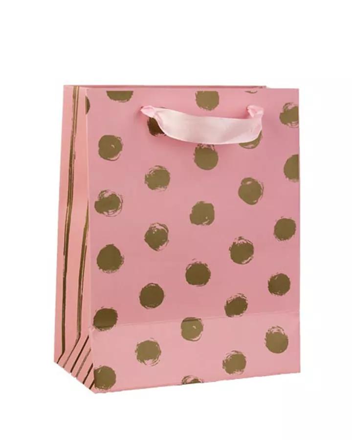 Luxusní papírová dárková taška metalická vzor 0215 18x10x23 (růžová, zlaté tečky)
