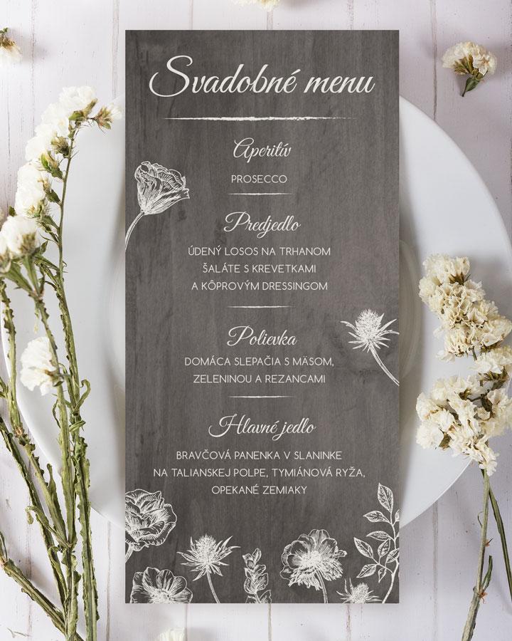 Svatební menu se tmavým motivem luční květy