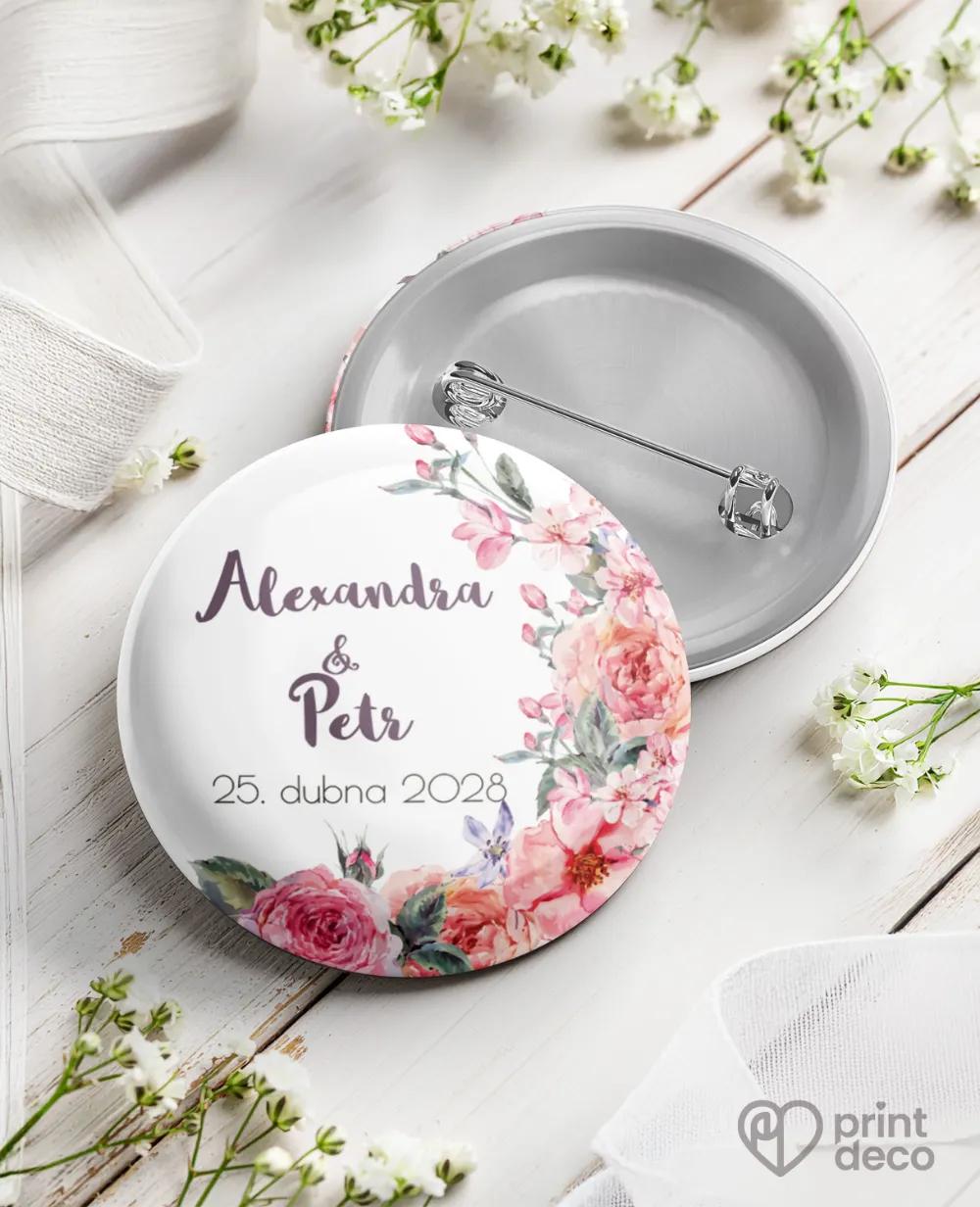 Kovové svatební odznaky ve vintage stylu s růžemi