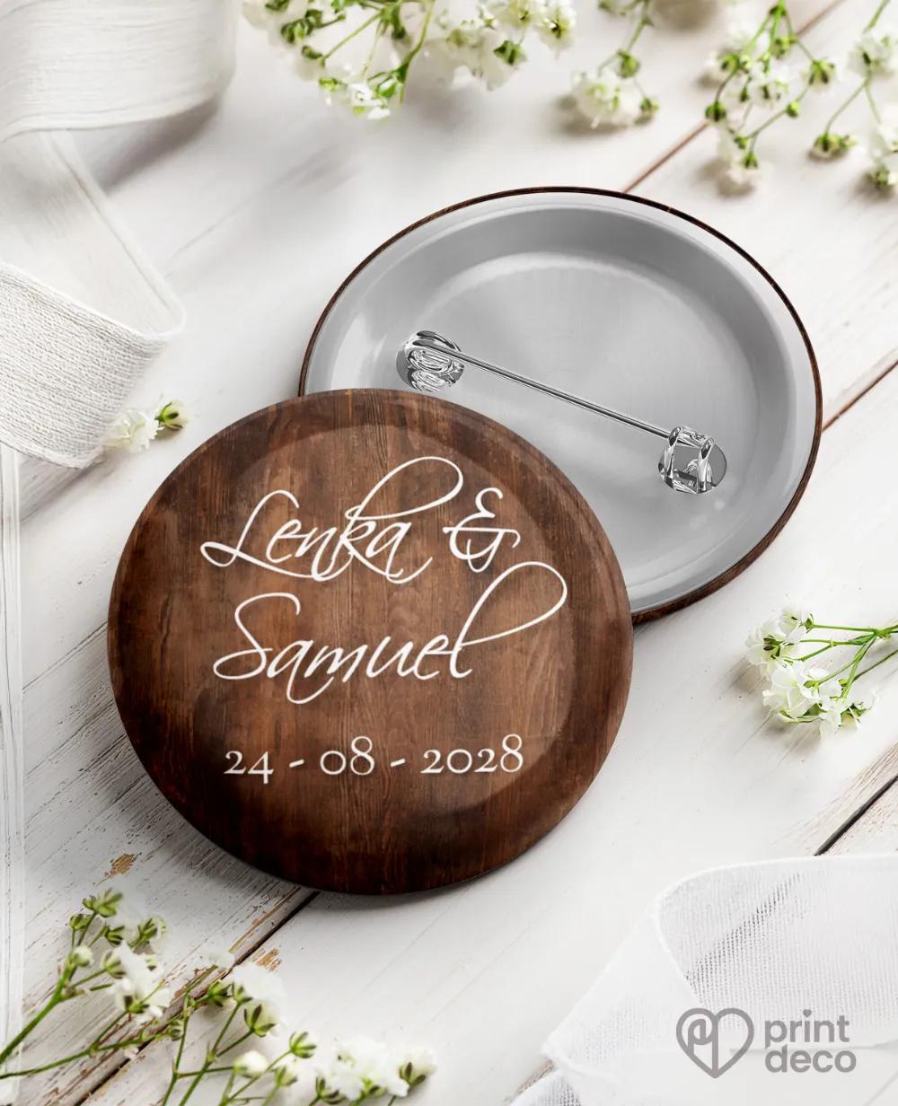 Kovové svatební odznaky s motivem Dřevo (tmavě hnědé)