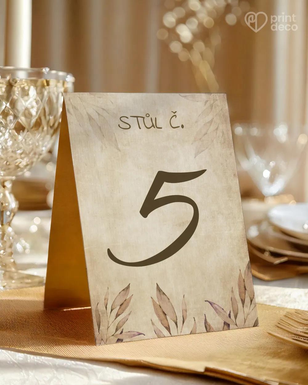 Svatební číslování stolů – Vintage listy