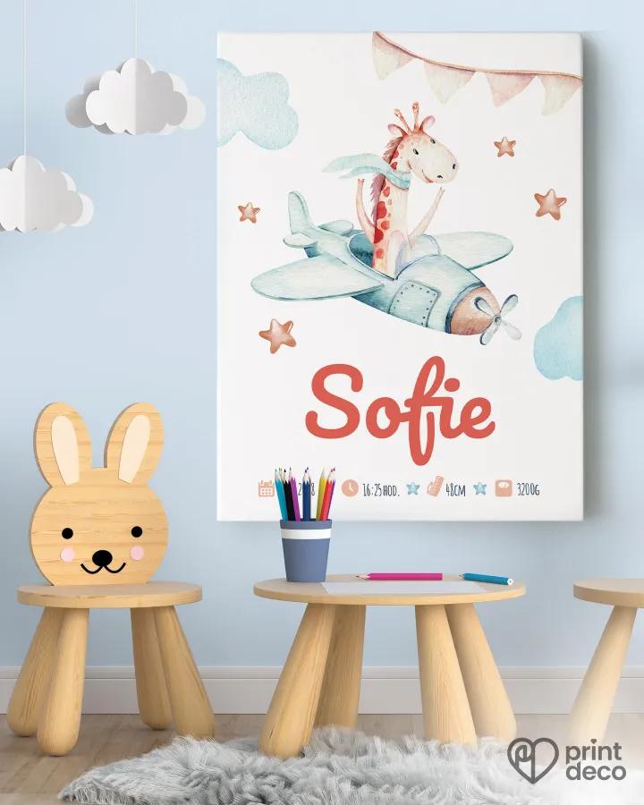 Dětský plakát s motivem žirafy pilota v letadle